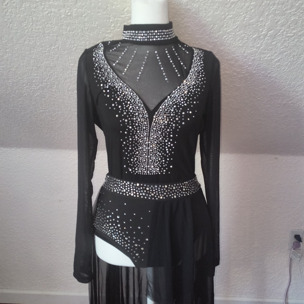 Black 2 Piece Sheer Rhinestone Dance Costume